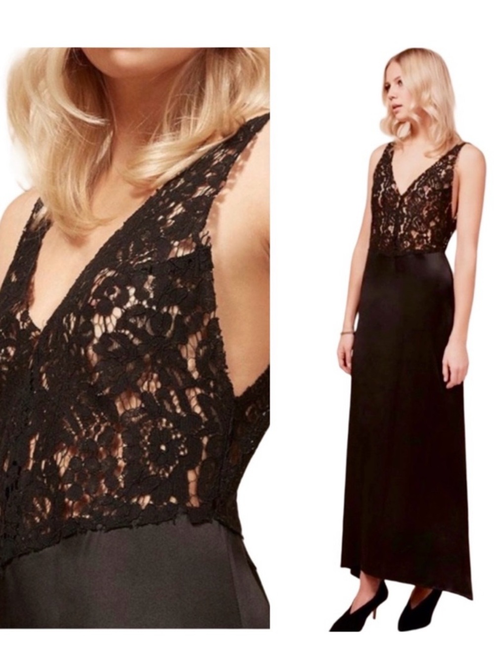 REFORMATION Aura Black Sheer Lace 100% Silk Slip Dress Maxi Size 8